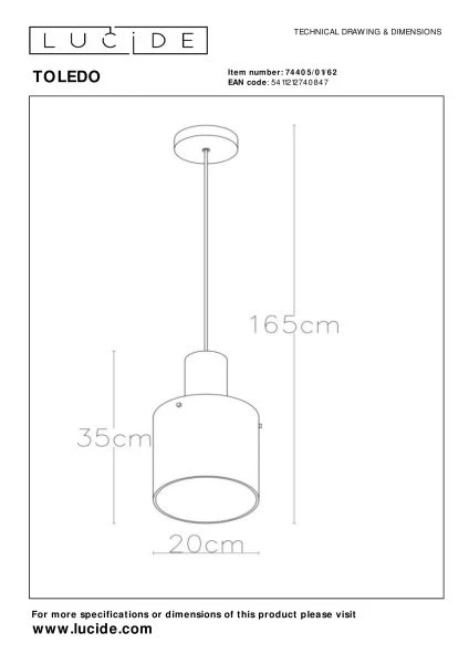 Lucide TOLEDO - Pendant light - Ø 20 cm - 1xE27 - Amber - technical